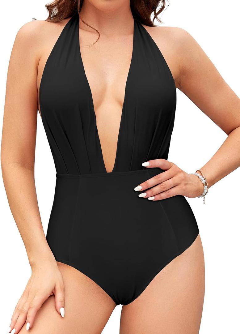 SHEKINI Women's Retro Deep V-Neck Bathing Suit Backless High Waisted One Piece Swimsuit (Medium, Black)