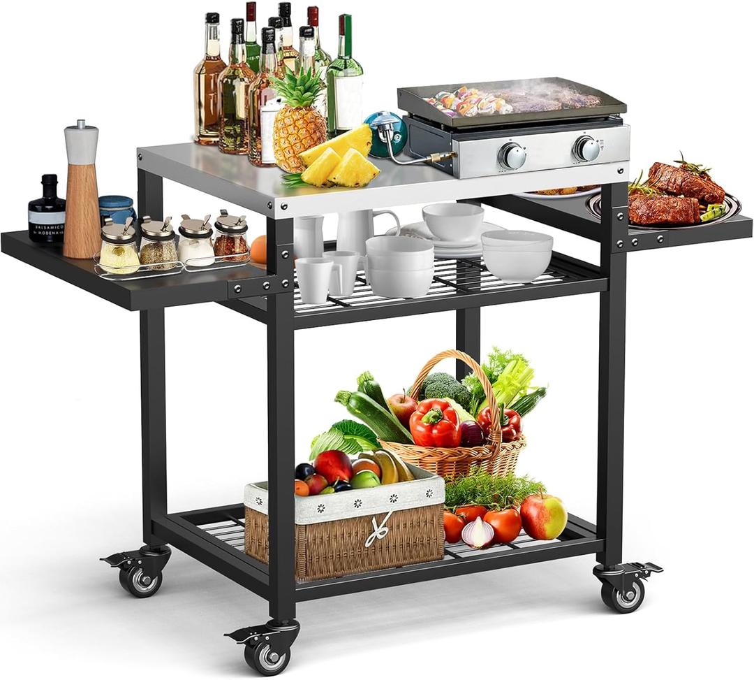 Three-Shelf Grill Cart, Stainless Steel & Black, Outdoor Grill Table with Pizza Oven & BBQ Grill Stand