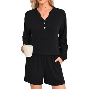 Womens Ribbed Knit 2 Piece Lounge Sets Outfits Long Sleeve Top and Shorts Pajama Sets Loungewear with Pockets, Size XL