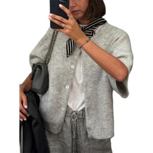 Women Y2k Crop Knit Cardigan T-Shirt Short Sleeve Button Down Casual Knitted Tees Y2k Girls Crop top Streewear (Medium, Gray)
