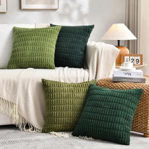Fancy Homi Set of 4 Green Boho Decorative Throw Pillow Covers 18x18 Inch for Couch Bed Sofa, Aesthetic Modern Bohemian Room Decor, Soft Fuzzy Fluffy Cozy Corduroy Cushion Case 45x45cm