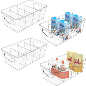 SPACEKEEPER Clear Storage Organizer Bins 4 Pack Plastic Pantry Organization and Storage Baskets with Removable Dividers, Stackable Cabinet Containers for Kitchen, Fridge, Countertops