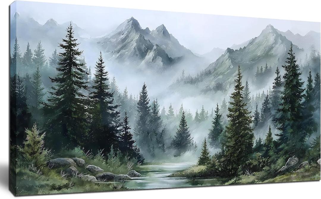 Tarfupth Large Misty Forest Wall Art for Living Room Green Nature Mountain Landscape Canvas Artwork with Trees and River Nature Art for Bedroom Office Home Decor 20x40 Inch, 20L" x 40W"