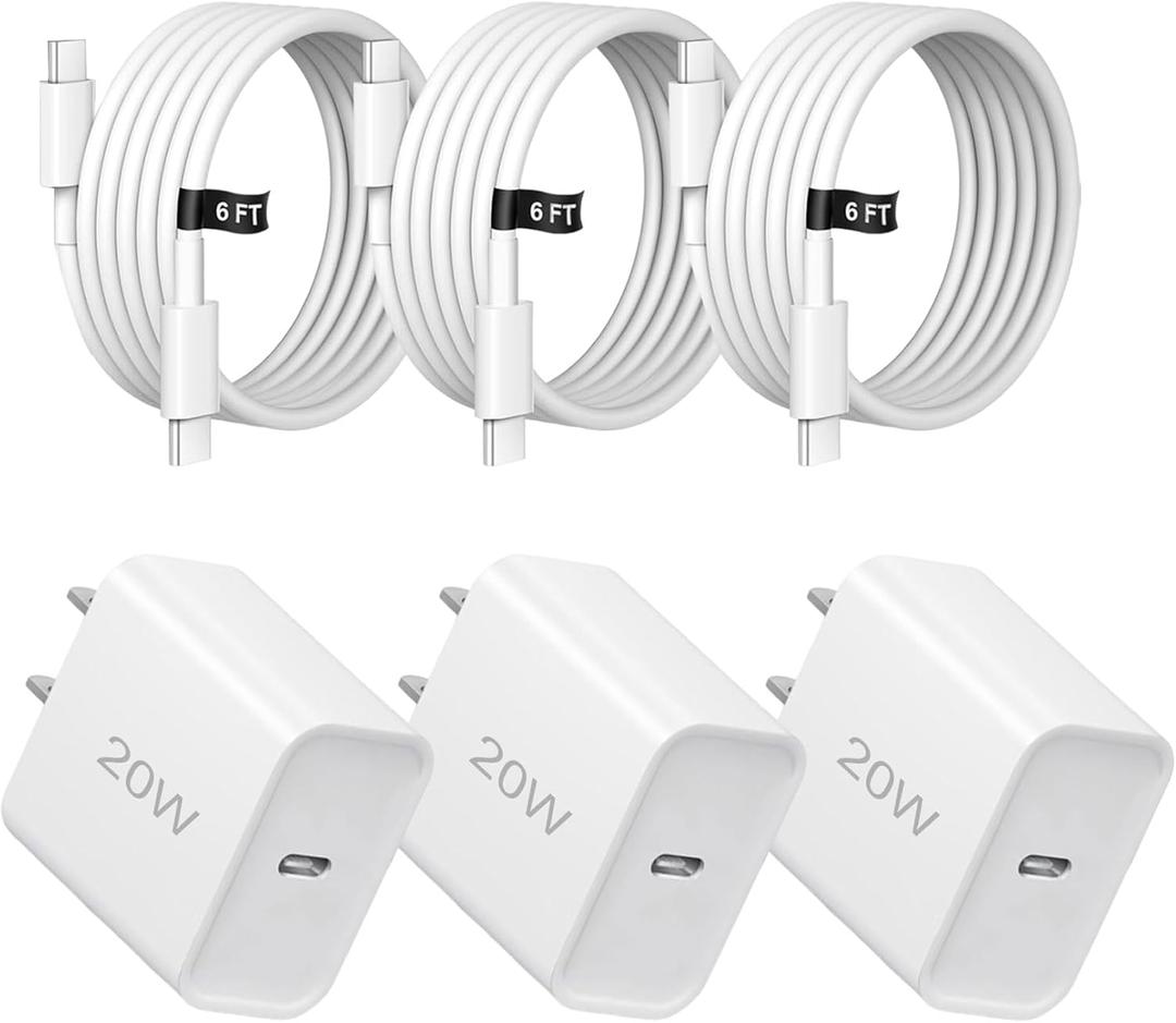 20W Fast Charger,3 Pack USB-C Port Charger with Type c-c Cablefor i Phone 17/16/15, i Pad and More (3 Pack White)