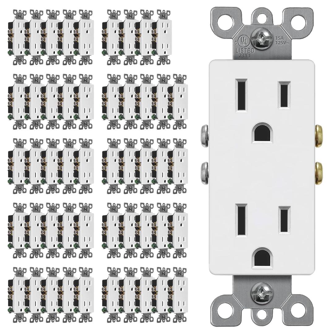 (50 Pack) CML 15 Amp Decorator Wall Receptacle Outlet, Standard Electrical Outlet, Non-Tamper Resistant, 15A/125V, 2 Pole 3 Wire, White, UL Listed