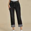 luvamia Straight Leg Jeans for Women Trendy Cropped High Waisted Cuffed Hem Stretchy Boyfriend Capri Jeans with Pockets Medium, Washed Black