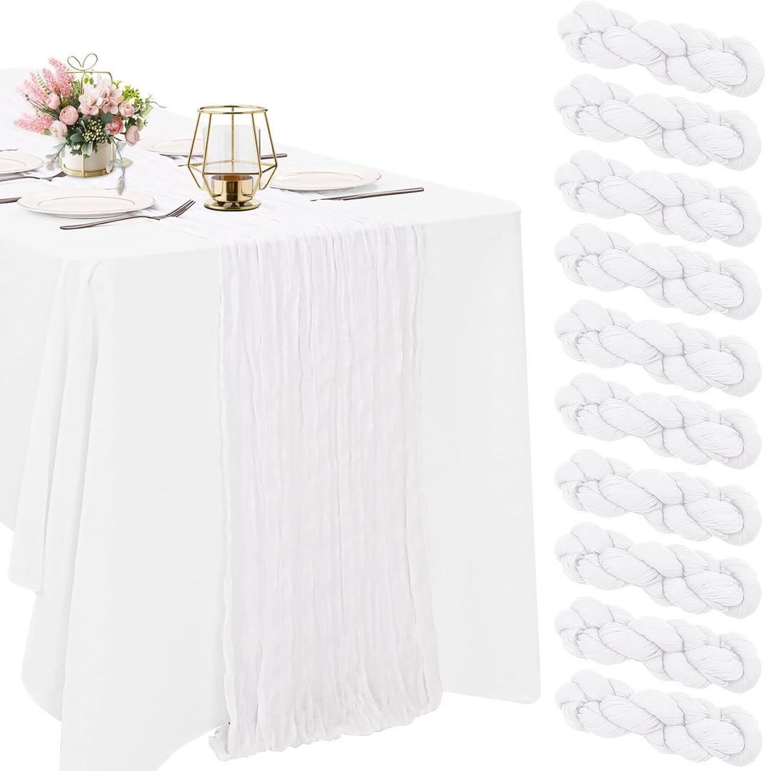 10 Pack White Cheesecloth Table Runner 10FT Boho Gauze Fabric Table Runner Vintage Rustic Sheer Runners for Wedding Party Bridal Baby Shower Long Table Decorations