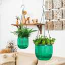Melphoe 2 Pack Self Watering Hanging Planters Indoor Flower Pots, 5.3/8.3 Inch Outdoor Hanging Basket, Plant Hanger with 3Hooks Drainage Holes for Garden Home (Emerald)