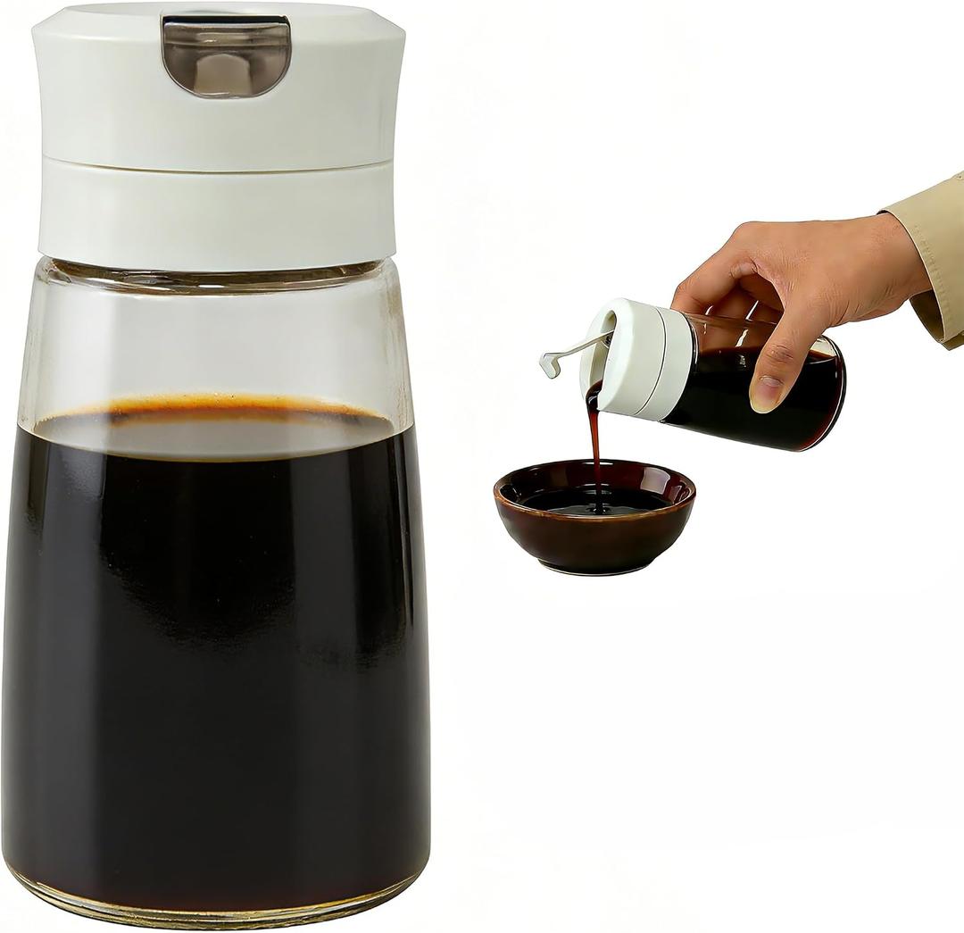 Soy Sauce Dispenser, 8.45oz Non-Drip Spout Cruet for Olive Oil, Vinegar, and Soy Sauce with Auto Flip Cap, Glass Dispenser Bottle for Kitchen Cooking