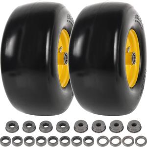 AR-PRO (2-Pack) 13x6.50-6 Flat Free Tire and Wheel, Replacement Solid Smooth Tires for Zero Turn Riding Lawn Mower Front Wheels, 5.5"-7.8" Centered Hub, 3/4" Bearings extra 5/8" & 1/2" Bushings (Yellow(Smooth Tread))