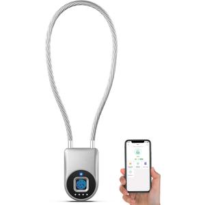 Anweller Fingerprint Cable Lock, 14" Long Shackle Small Padlock, Keyless Entry Biometric Bluetooth Smart Waterproof Combination Pad Lock for Gate Outdoor Fence Fridge Cabinet Locker Pool Bike - Silver
