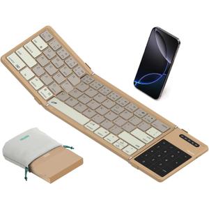 Nillkin Upgraded Foldable Bluetooth Keyboard with Touchpad & Number Pad, Portable Wireless Keyboard for Travel, Pocket-Sized, Full Size Keys, Support 3 Devices for iPad Laptop Tablets Phone, Khaki