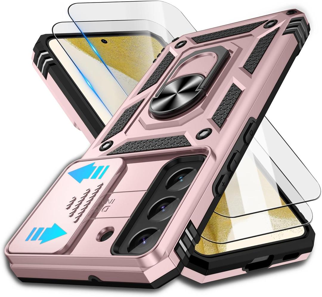For Samsung Galaxy S22 Case with Camera Lens Cover & HD Screen Protector(2 Pack), [10FT Military Grade Drop Protection] Magnetic Ring Holder Kickstand Protective Phone Case for Galaxy S 22, Rose Gold