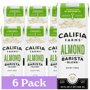 Califia Farms - Unsweetened Almond Barista Blend Almond Milk, 32 Oz (Pack Of 6), Shelf Stable, Dairy Free, Plant Based, Vegan, Gluten Free, Non GMO, Sugar Free, Milk Frother, Creamer (EXP 01/01/27)