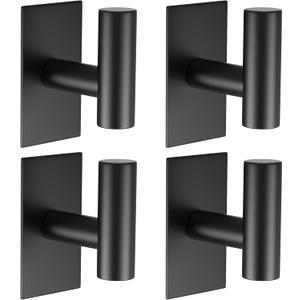 VAEHOLD Wall Towel Hooks, Heavy Duty Sticky Holder Waterproof Towel Hooks for Hanging Coat, Clothes, Closet Hook Wall Mount for Kitchen (Black, 4 Pack)
