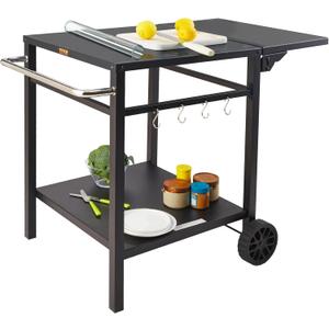 VEVOR Outdoor Grill Dining Cart with Double-Shelf, BBQ Movable Food Prep Table, Multifunctional Foldable Iron Table Top, Portable Modular Carts for Pizza Oven, Worktable with 2 Wheels, Carry Handle