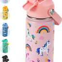 Kids Water Bottle 14oz with Silicone Straw Lid - Insulated Toddler Water Bottle Stainless Steel Keeps Cold 24H, Leak Proof & Unicorn Rainbow Prints Girls Design | Custom Name Tag for School, Pink