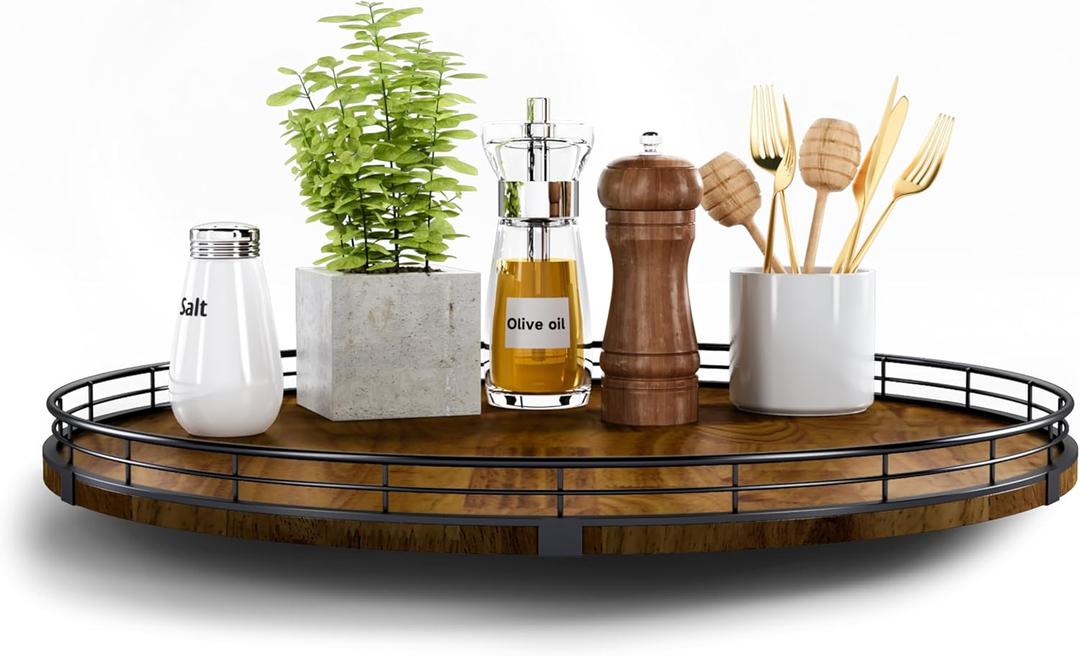 Farmhouse Oak 18" Lazy Susan Turntable Organizer for Cabinet, Round Wooden Lazy Susan Organization and Storage for Dining Table, Pantry, Kitchen, Countertop, Cupboard, Home Decor, Walnut Wood (18")