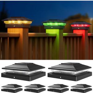 APONUO Solar Post Cap Lights Color Changing 6 Pack - RGB 8 Solid & Gradient Colors, IP65 Waterproof, for 4x4 5x5 6x6 Wood Vinyl Fences, Deck, Patio, Yard (Black)