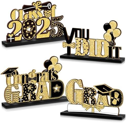 4 Pieces 2025 Graduation Party Decorations Wooden Class of 2025 Table Centerpieces Grad Congratulate Table Toppers for High School College Graduation Party Favor Supplies Photo Booth Props(Black Gold)