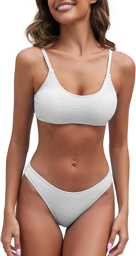 Fanuerg Women's Ribbed Bikini Sets Scoop Neck Cheeky Swimsuit Textured Two Piece Bathing Suit (Large, White)