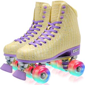 Roller Skate for Women Girls and Kids, High-top Double Row-Classic Rollerskates, Indoor Outdoor Roller Skates for Beginner Ladies with Light-up Wheels (Yellow) US Women's 10.5/ Men's 9
