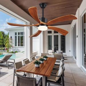 52 Inch Ceiling Fans with Lights Remote Control, 5 Blade Wood Ceiling Fan for Outdoor, 3 Downrods, ETL Listed, Timer, 6 Speeds Noiseless Quiet DC Motor Fan for Patio Bedroom, Yellow Walnut