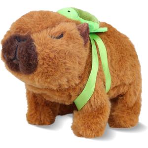 Walking Capybara Plush, Cute Capybara Stuffed Animal Toy with Removable Turtle Backpack, 6.3'' Electric Interactive Animal Pet Toys Hopping Realistic Pet Gifts with Sounds for Toddlers, Brown
