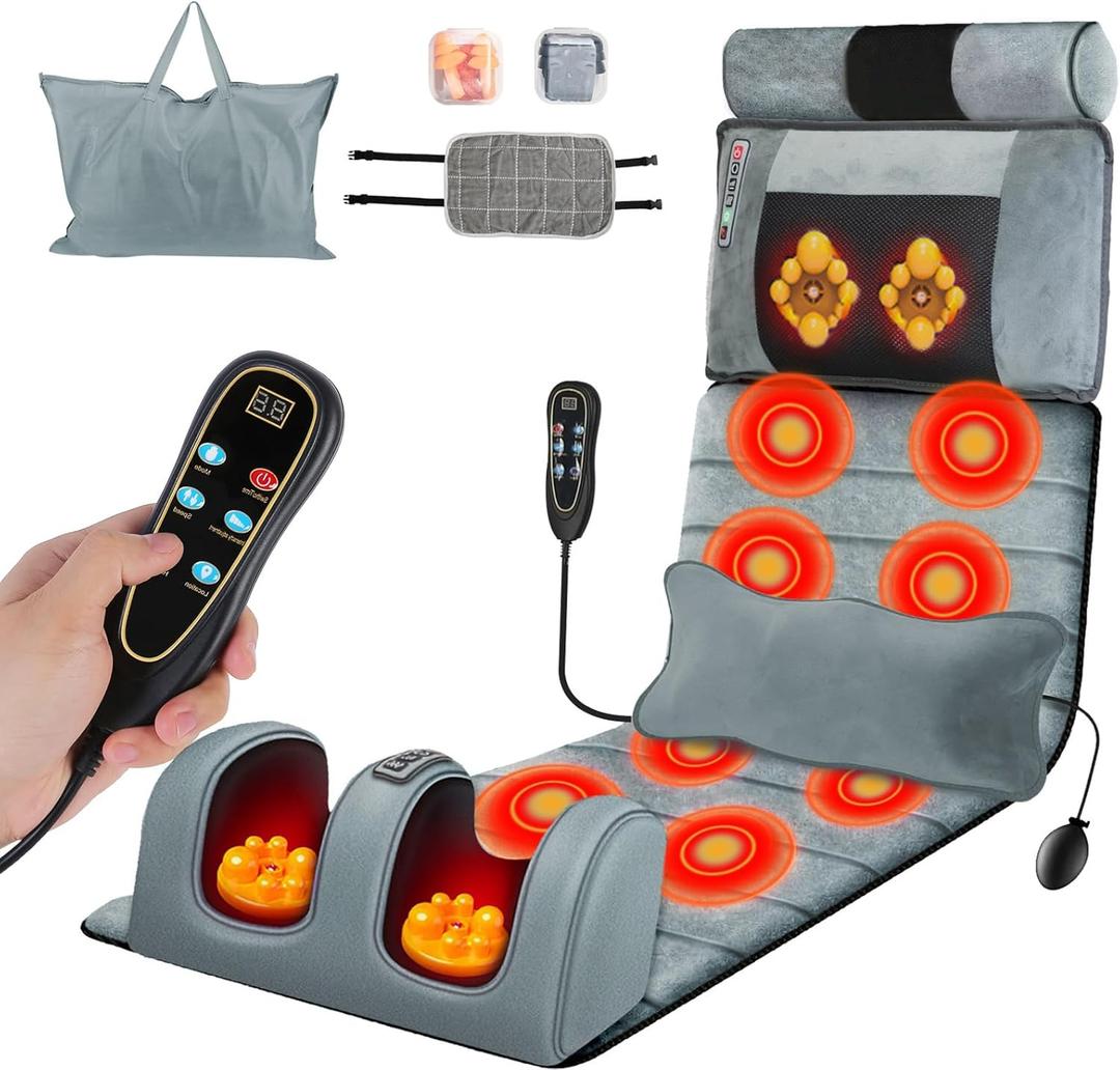 KOCASO Full Body Massage Mat with Heat, Electric Massage Mat Chair Pad Back/Neck/Foot Massager, Detachable Lumbar& Head Pillow W/ 2 Earplugs-Vibration & Kneading for Stress Relief/Gift (76.38x20.47x5.9 Inch, Gray)