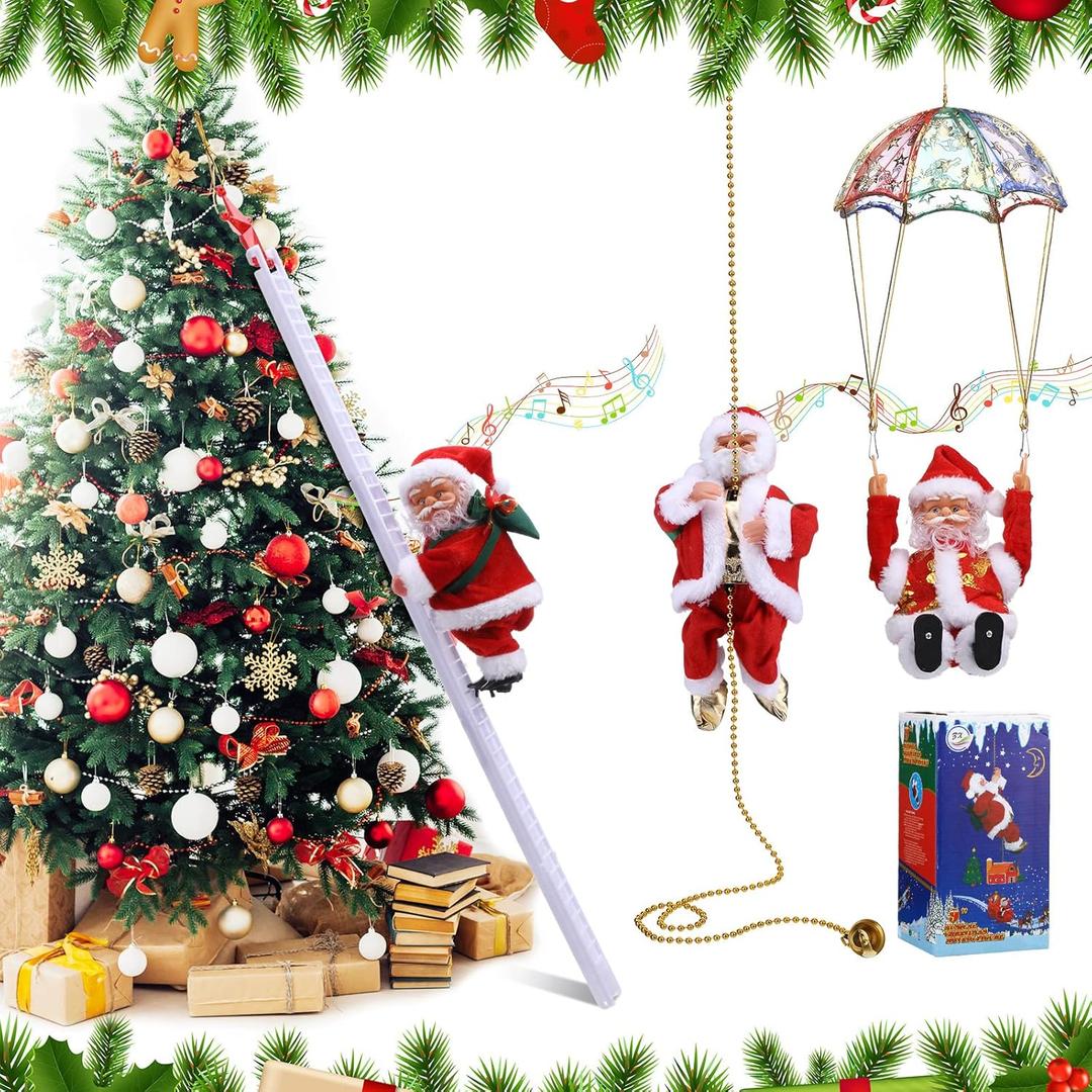 Leitee 3 Pcs Electric Santa Claus Decoration - Rope Ladder Parachute Somersault Musical Santa Climbing Ladder Plush Doll Figurine Christmas Tree Hanging Ornaments Xmas Gift