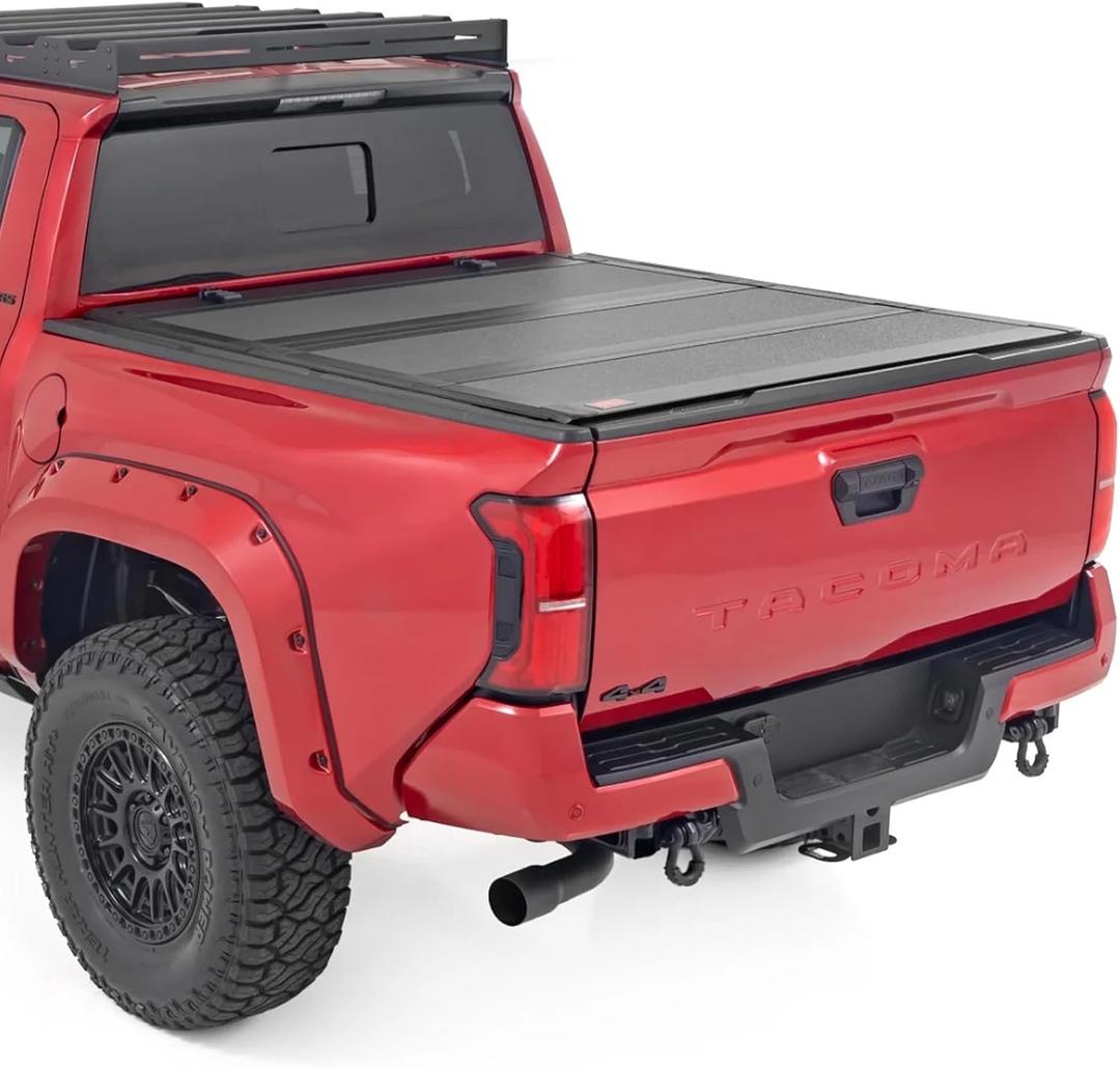 Rough Country Hard Tri-Fold Flip Up Tonneau Cover for Toyota Tacoma (2024-2026) - Flush Aluminum Bed Cover, Fits 5' Bed w/Utility Rail System