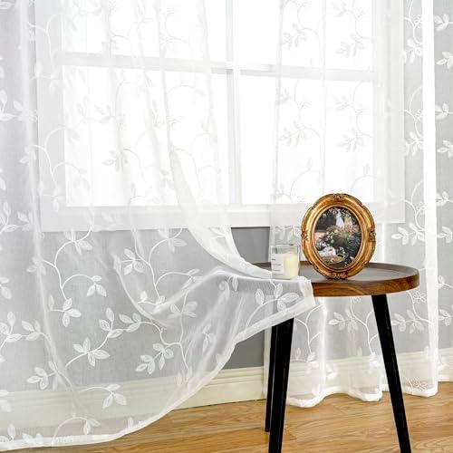 BGment Sheer Curtains 108 inches Length 2 Panels, Extra Long Embroidered Vine Pattern Light Filtering Faux Linen Window Semi Sheer Voile Drapes for Living Room, 52 x 108 Inch, White