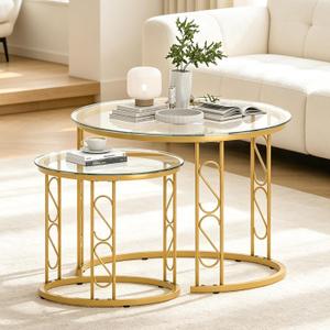 Garden 4 you Nesting Coffee Table, 23.6" Round Coffee Table Set of 2, Glass Nesting Table with Metal Frame, Ceter Tables for Living Room Bedroom Balcony, Gold