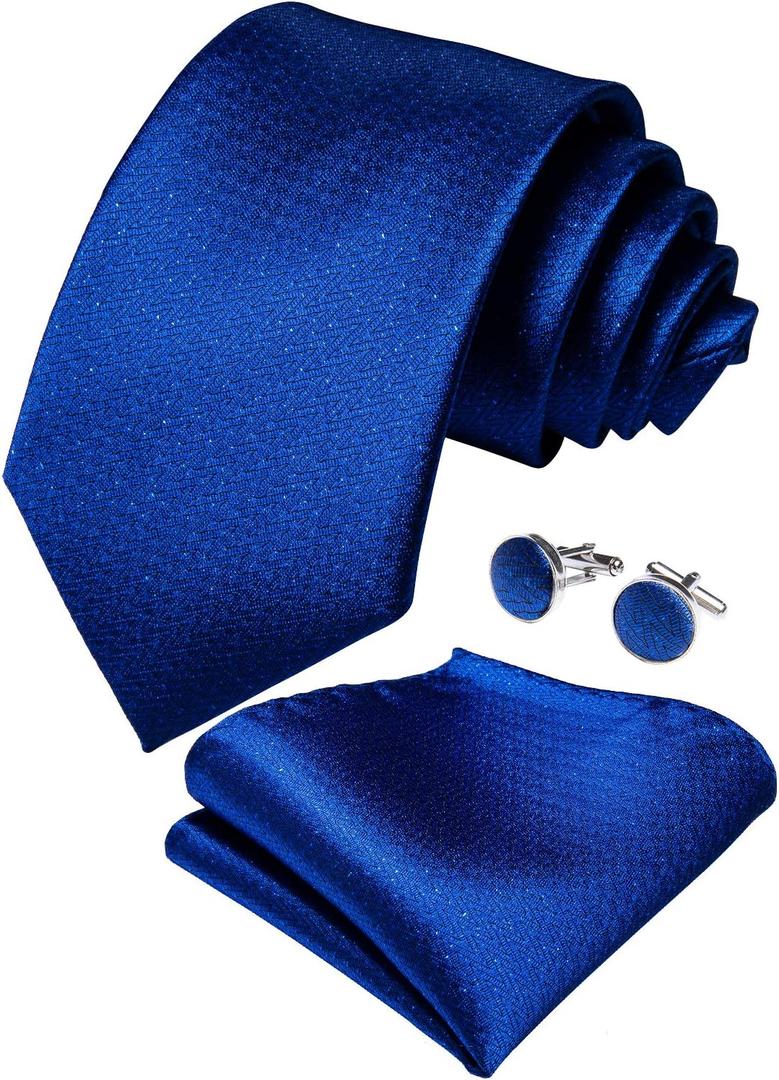 DiBanGu Mens Solid Color Tie and Pocket Square Set Woven Silk Plain Necktie & Handkerchief for Men Wedding Party Formal (Blue)