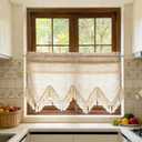 Boho Crochet Lace Valances for Windows Kitchen Macrame Linen Sheer Valances with Tassels Vintage Farmhouse Beige Rustic Crochet Valance for Cafe Dining Room Rod Pocket 1 Panel (Beige,W39 L18 inch)
