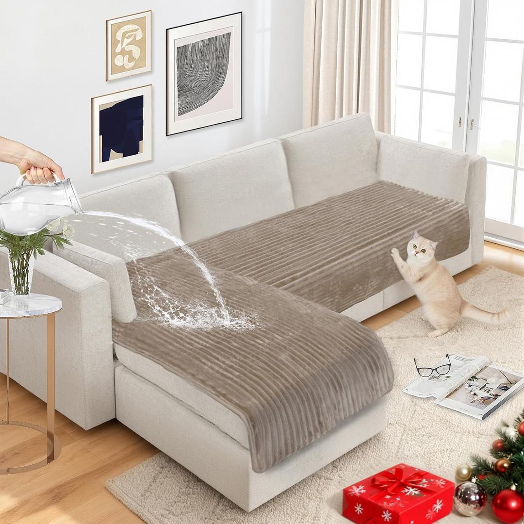 NAISI Couch Covers for Dogs Waterproof Flannel Striped Sofa Cover Pet Friendly Washable Dog Mat for Couch Anti Slip Sectional Sofa Slipcover Protector(2pcs/35"x63"+35"x70",Khaki)