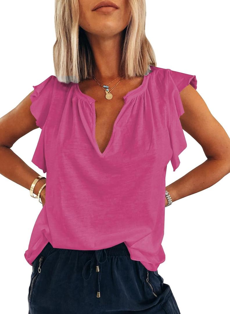 Dokotoo Women's Casual V Neck Ruffle Sleeve Summer Tank Tops Shirts (Pink, XL)