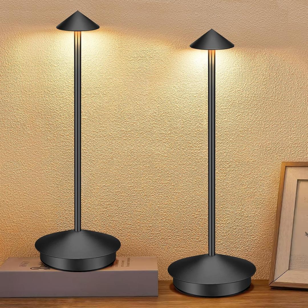 Portable Led Cordless Lamp Table Light 2 Pack, Rechargeable 6000mAh Battery Outdoor Table Lamp for Dinning Restaurant Patio Bedroom Camping, IP54 Waterproof, Dimmable (Black)