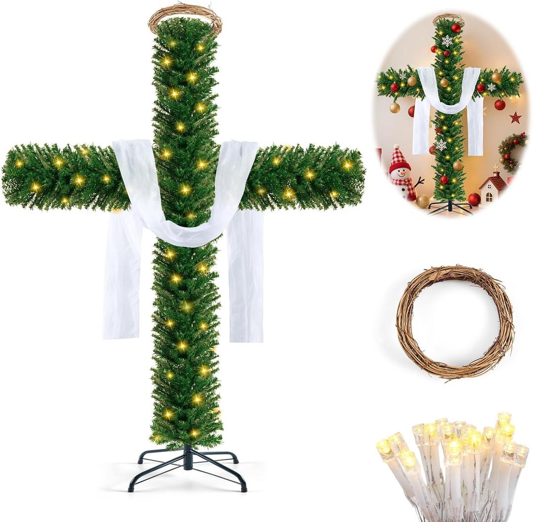 76 Inch Cross Christmas Tree with 2 Lights Strings and Garland Jesus Christ Catholic Cross Decor Decoration Foldable Xmas Tree for Indoor Outdoor Holiday, Yard, and Church Nativity Scene Decor