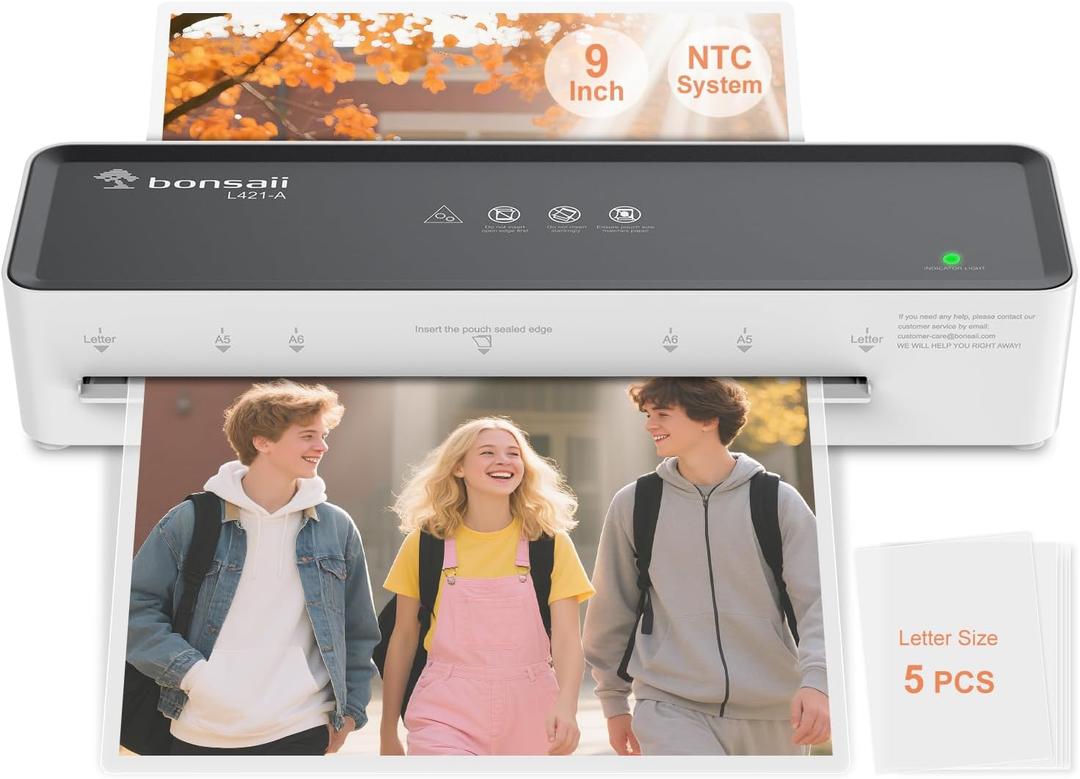 Bonsaii Laminator Machine with 5 Laminating Sheets, 9 Inch Thermal Laminating Machine for Doc/Posters/Photos, Compact Laminator for Home Office School, L421-Grey