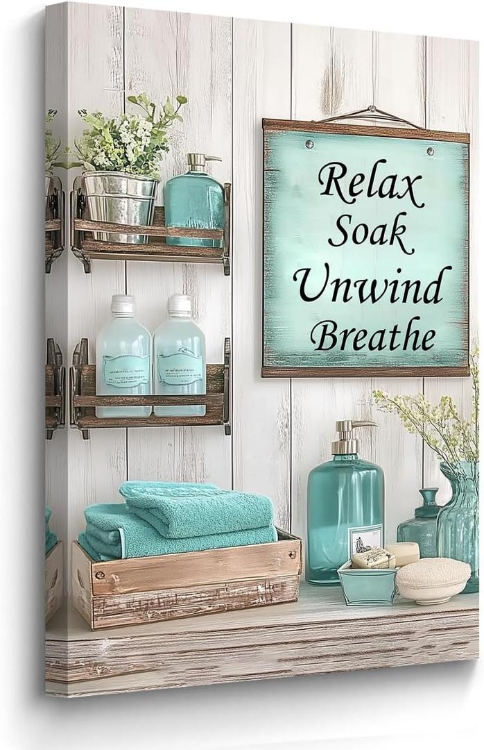 BJYCHG Teal Bathroom Wall Art Turquoise Wall Decor Rustic Bathroom Signs Canvas Prints Farmhouse Flowers Bottles Painting Picture Toilet Decor Framed (Teal, 24L x 16W)