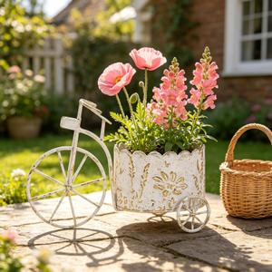Vintage Bicycle Planter - Rustic Distressed White Metal Wheelbarrow Flower Pot with Embossed Floral Design, Decorative Indoor Outdoor Bicycle Plant Stand for Succulents Herbs Small Plants (White)