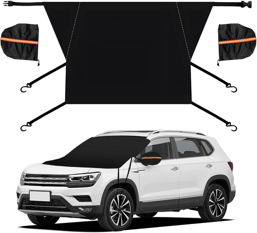 Car Windshield Snow Cover, Windproof Front Windshield Snow Ice Cover with Side Mirror Cover, Waterproof Oxford Fabric Front Windscreen UV Frost Protector, Car Accessories (4 Hooks)
