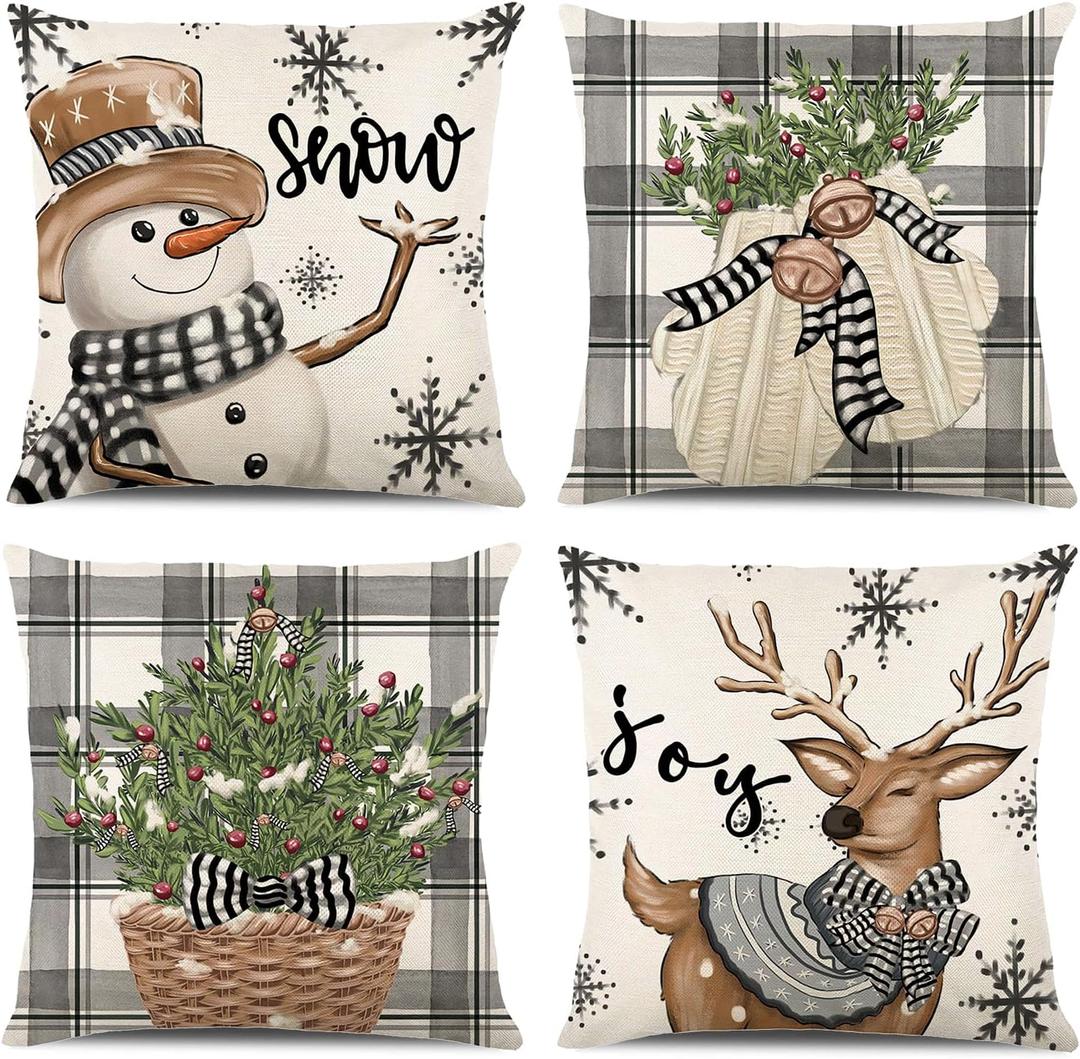 ONFAON Christmas Decorations - Christmas Pillow Covers 18x18 Set of 4, Holiday Christmas Decor Home Sofa Couch Cushion Indoor Decorations
