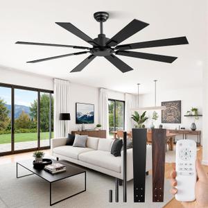 ZMISHIBO 62 Inch Ceiling Fan No Light with Remote Control, 8 Blades, Black