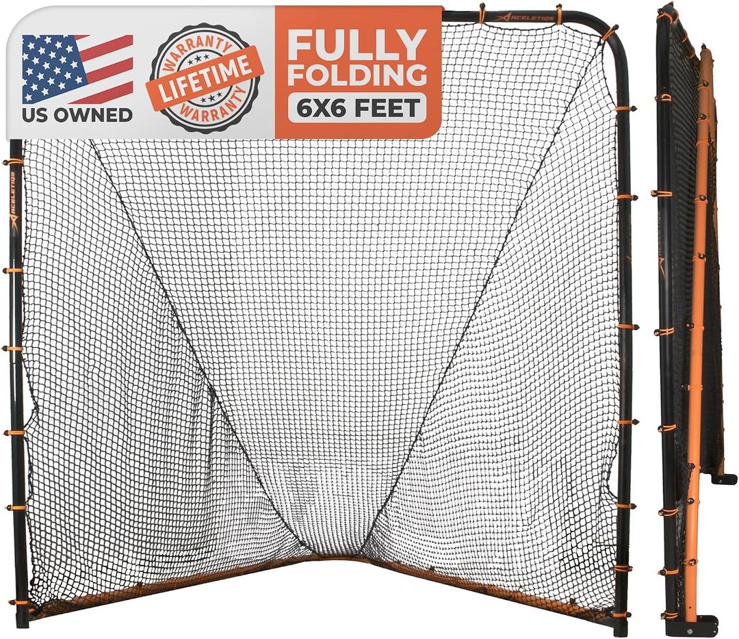 Lacrosse Goal Net (6'W x 6'H x 7'D) Folding Lacrosse Net for Backyard | Powder Coated Steel Frame, UV Treated Netting, Use with Rebounder & Backstop Goal Nets [Includes Carrying Bag & U Stakes]
