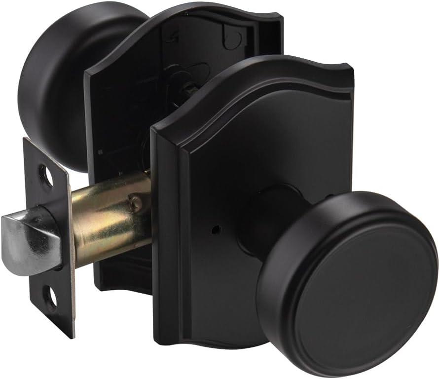 Black Door Knobs with Zinc Camelot Trim, Push Lock for Privacy Bath & Bedroom