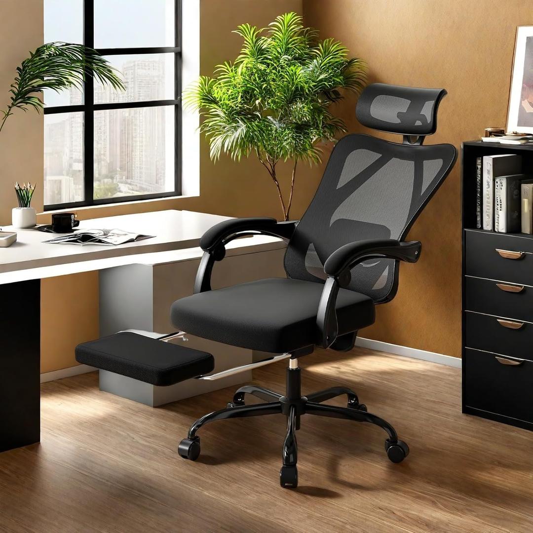 Ergonomic Office Chair with Footrest and Headrest, High Back Mesh Computer Desk Chair with Adjustable Lumbar Support, Rolling Swivel Chair for Home Office, Study Room, Bedroom, Black (Black C)