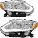 for 2014 2015 2016 Nissan Rogue Headlight Assembly with DRL Clear Lens Chrome Plated Housing Amber Reflector Driver and Passenger Side