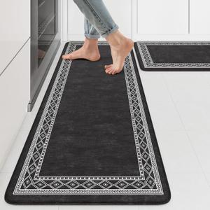 KIMODE Anti Fatigue Kitchen Mats 17"x47"+17"x29", Farmhouse Kitchen Rugs Sets of 2, Cushioned Non Skid Kitchen Mats for Floor, Comfort Kitchen Floor Mats for Sink Laundry Desk Black